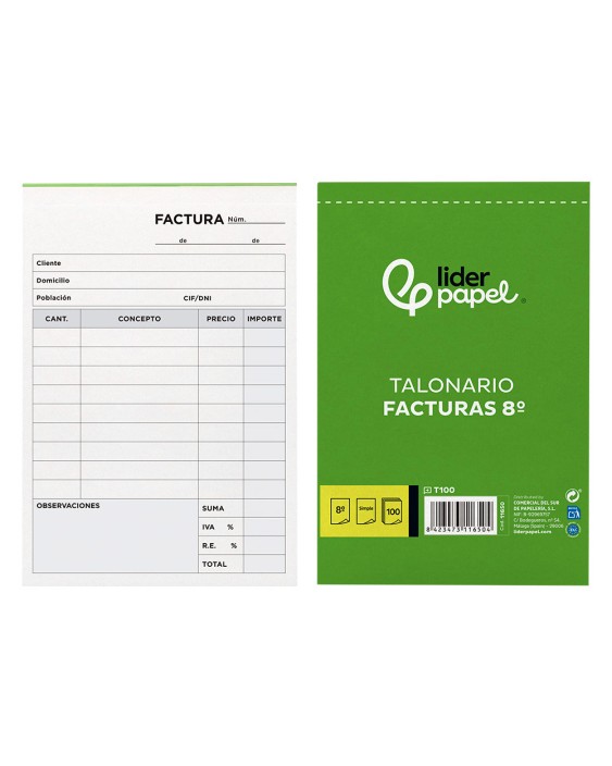 Talonario liderpapel facturas 8º original t100 con i.V.A