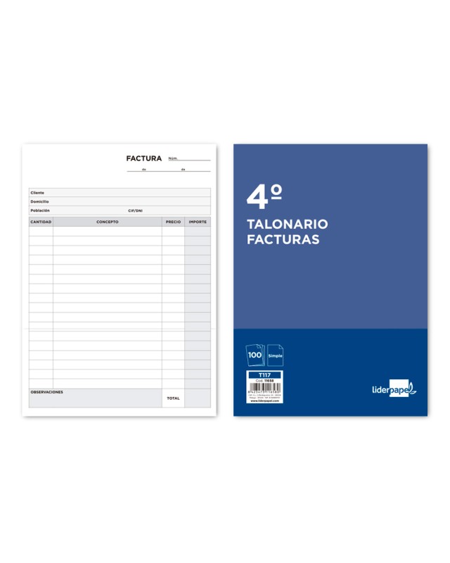 Talonario liderpapel facturas cuarto original t117 sin i.V.A