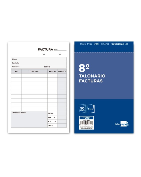 Talonario liderpapel facturas 8º original y copia t200 con i.V.A