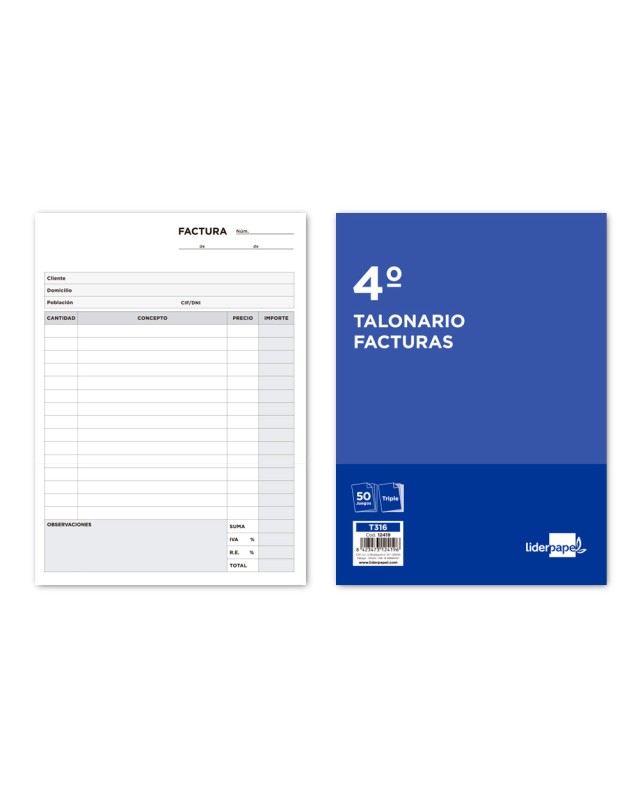 Talonario liderpapel facturas cuarto original y 2 copias t316 con i.V.A