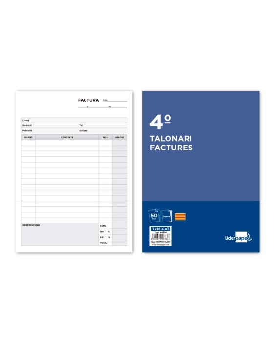 Talonario liderpapel facturas cuarto original y copia t216 con i.V.A. Texto en catalan