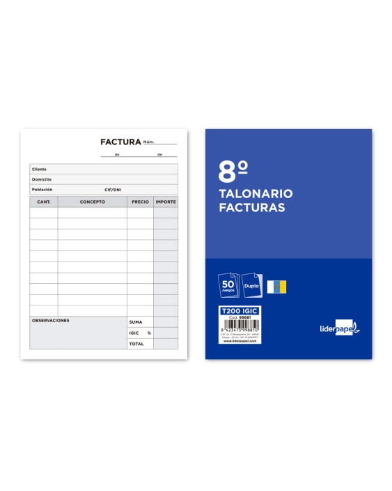 Talonario liderpapel facturas 8º original y copia t200 con i.G.I.C
