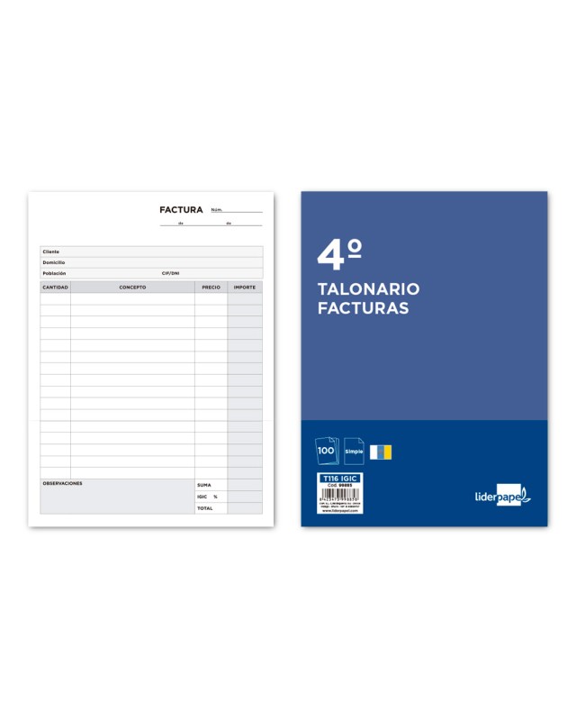 Talonario liderpapel facturas cuarto original t116 con i.G.I.C