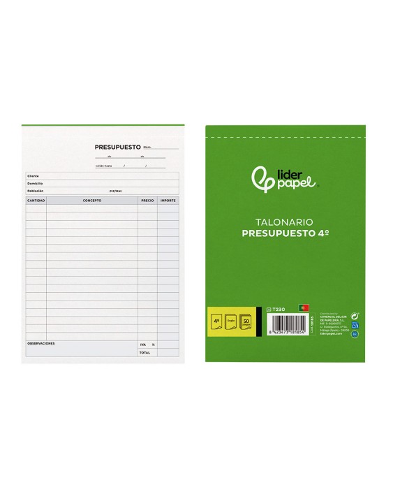Talonario liderpapel presupuesto cuarto original y copia t230