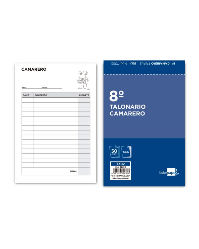 Talonario liderpapel camarero 8º original y 2 copias t302