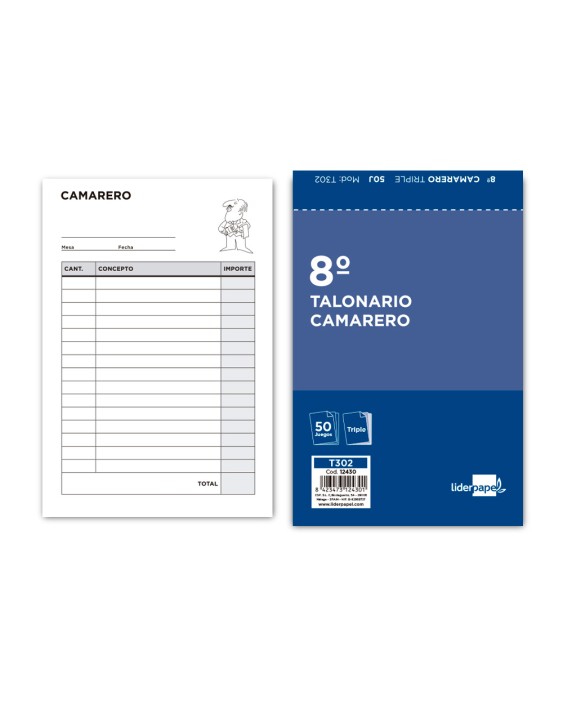 Talonario liderpapel camarero 8º original y 2 copias t302