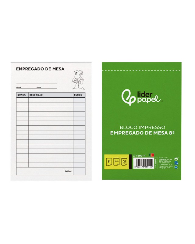 Talonario liderpapel camarero octavo sin iva 202 duplicado texto en portugues