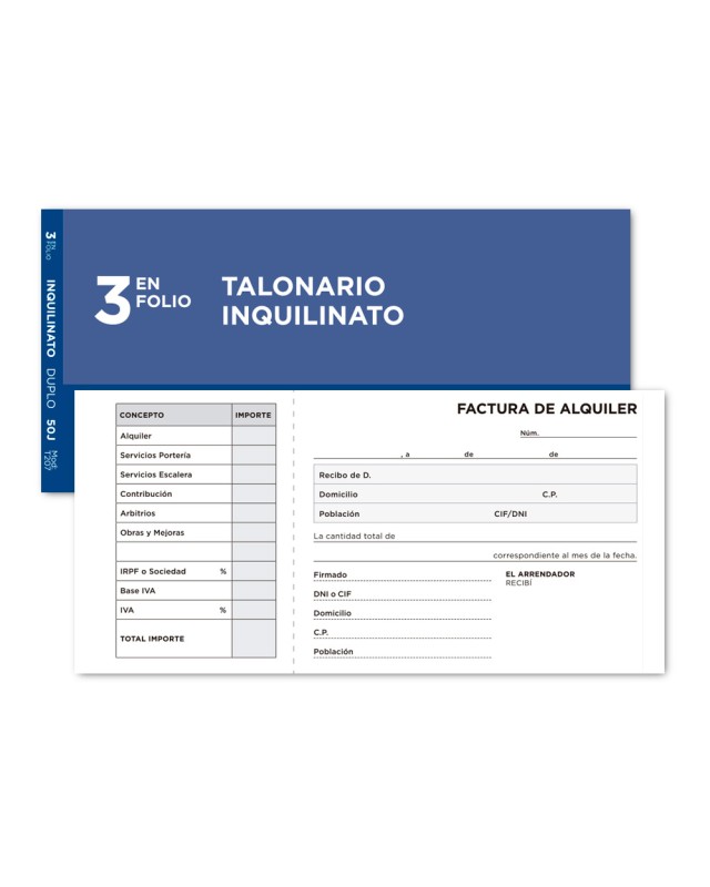 Talonario liderpapel inquilinato 3/fº original y copia t207 con codiciones e i.V.A