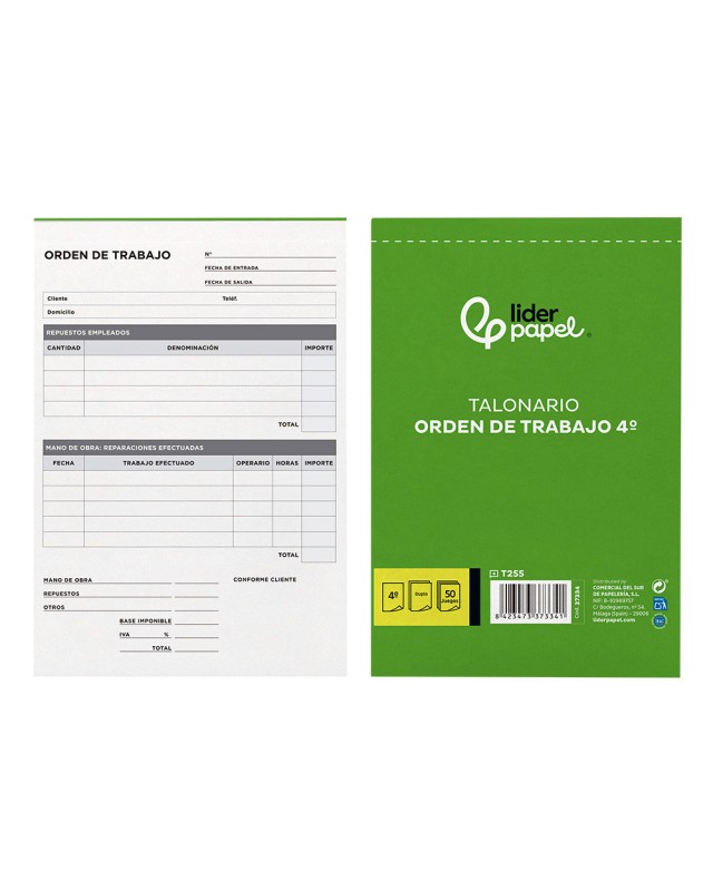 Talonario liderpapel orden de trabajo cuarto original y copia t255