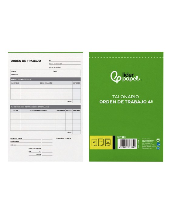 Talonario liderpapel orden de trabajo cuarto original y copia t255