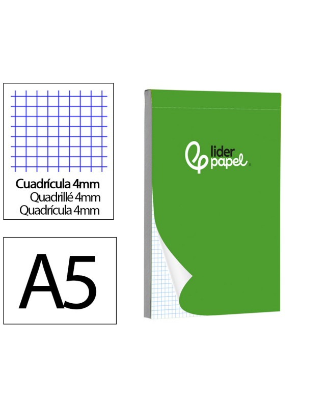 Bloc notas liderpapel cuadro 4mm a5 80 hojas 60g/m2 perforado