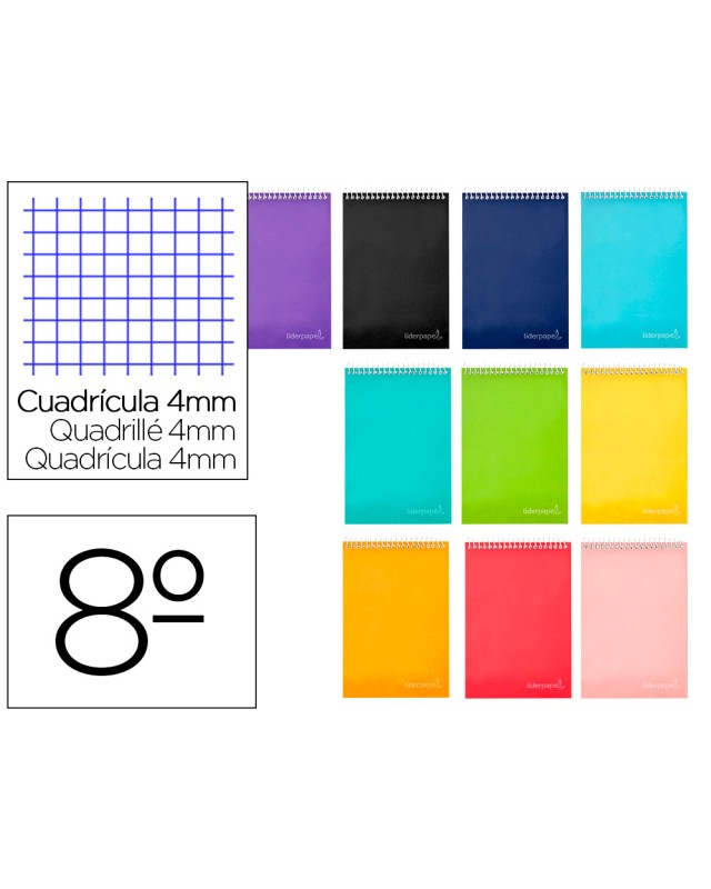 Cuaderno espiral liderpapel bolsillo octavo apaisado witty tapadura 80h 75gr cuadro 4 mm colores surtidos