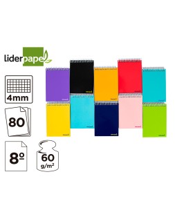 Cuaderno espiral liderpapel bolsillo octavo apaisado smart tapa blanda 80h 60gr cuadro 4mm colores surtidos