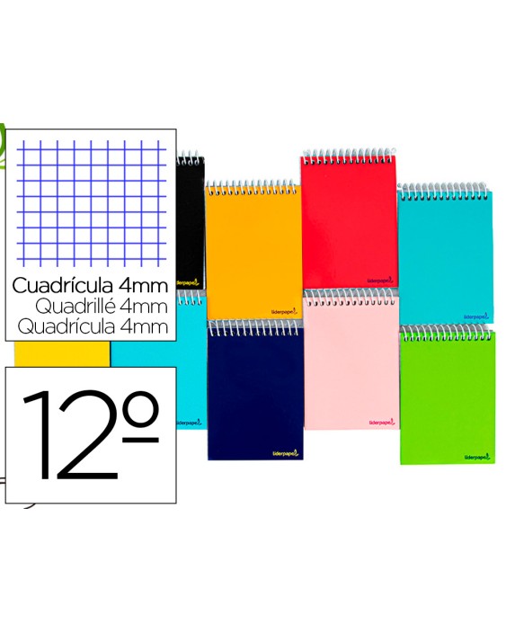 Cuaderno espiral liderpapel bolsillo doceavo apaisado smart tapa blanda 80h 60gr cuadro 4mm colores surtidos
