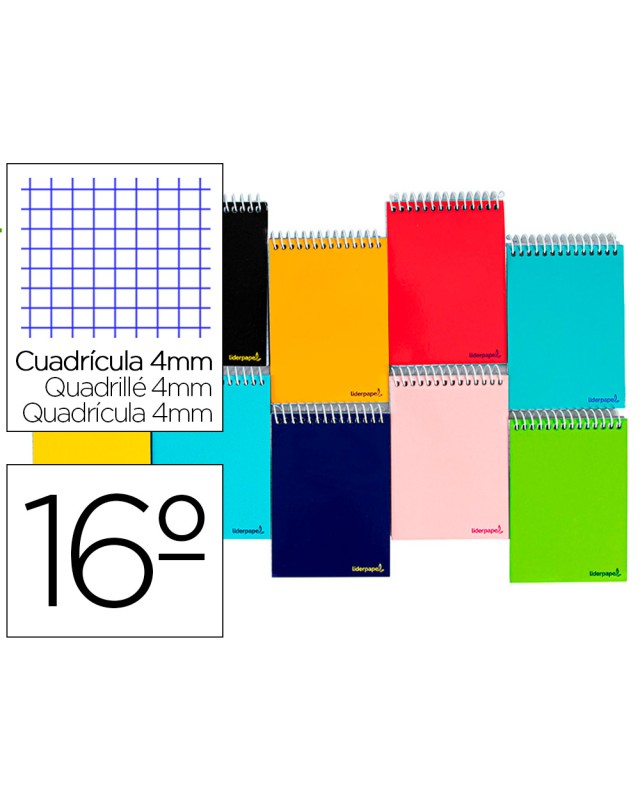 Cuaderno espiral liderpapel bolsillo dieciseavo apaisado smart tapa blanda 80h 60gr cuadro 4mm colores surtidos