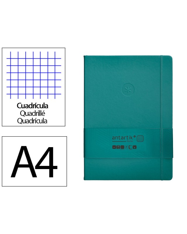 Cuaderno con gomilla antartik notes tapa dura a4 hojas cuadricula verde aguamarina 100 hojas 80 gr