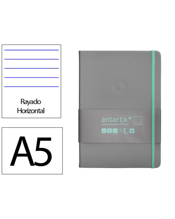 Cuaderno con gomilla antartik notes tapa dura a5 hojas rayas gris y turquesa 100 hojas 80 gr fsc
