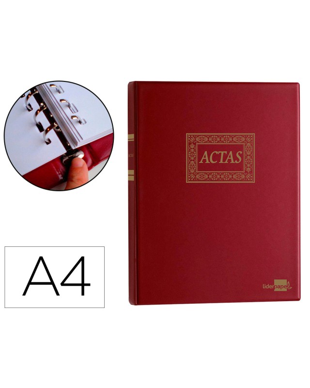 Libro liderpapel din a4 actas 30 anillas con 100 hojas movibles taladradas y numeradas color burdeos