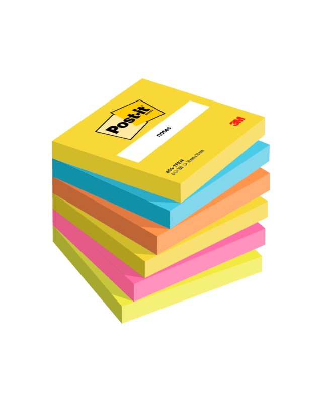 Bloc de notas adhesivas quita y pon post-it 76x76 mm neon pack de 6 unidades colores surtidos