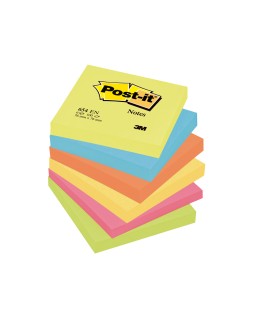 Bloc de notas adhesivas quita y pon post-it 76x76 mm neon pack de 6 unidades colores surtidos