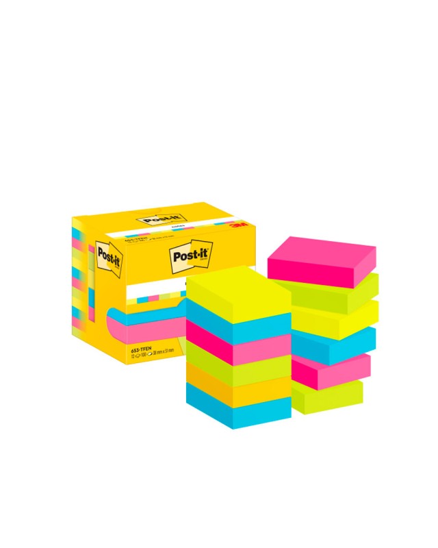 Bloc de notas adhesivas quita y pon post-it 38x51 mm neon pack de 12 blocs surtido