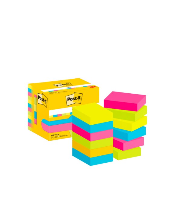 Bloc de notas adhesivas quita y pon post-it 38x51 mm neon pack de 12 blocs surtido