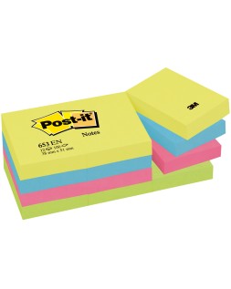 Bloc de notas adhesivas quita y pon post-it 38x51 mm neon pack de 12 blocs surtido
