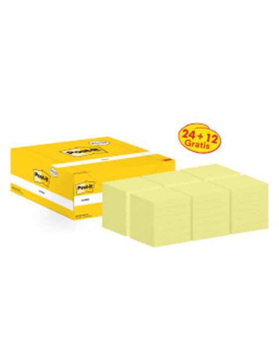 Bloc de notas adhesivas quita y pon post-it 76x76 mm pack promocional 24+12 unidades