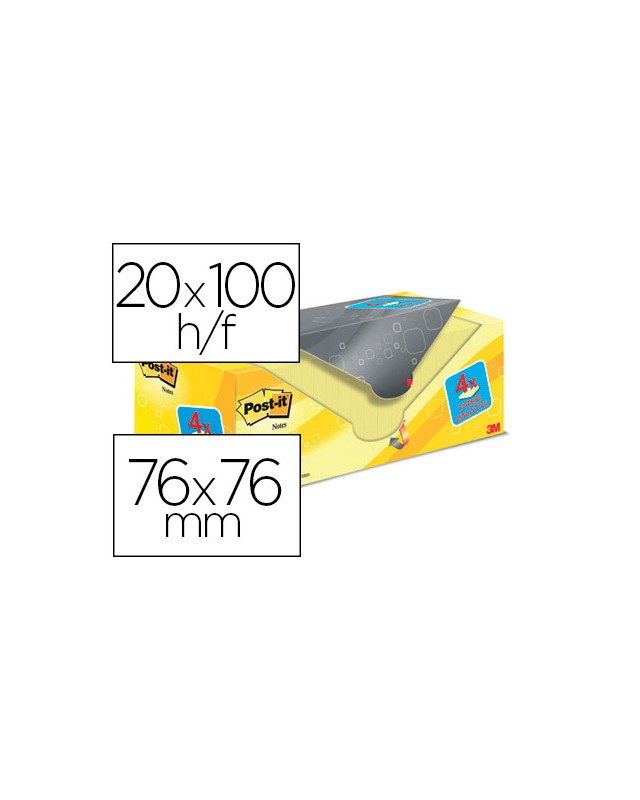 Bloc de notas adhesivas quita y pon post-it amarillo canario 76x76 mm pack promocional 16+4 gratis