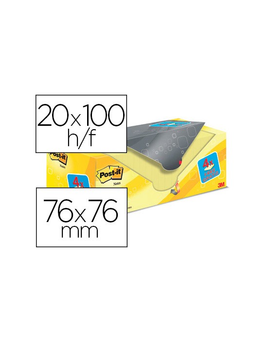 Bloc de notas adhesivas quita y pon post-it amarillo canario 76x76 mm pack promocional 16+4 gratis