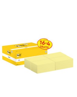 Bloc de notas adhesivas quita y pon post-it amarillo canario 76x127 mm pack promocional 16+4 gratis