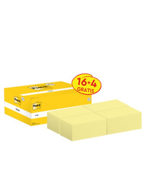 Bloc de notas adhesivas quita y pon post-it amarillo canario 76x127 mm pack promocional 16+4 gratis