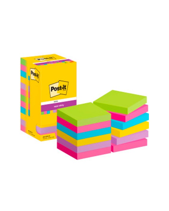 Bloc de notas adhesivas quita y pon post-it super stick ultra 76x76 mm pack de 12 bloc verde rosa amarilla