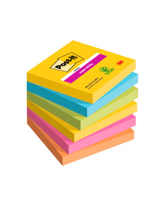 Bloc de notas adhesivas quita y pon post-it super sticky 76x76 mm con 90 hojas pack de 6 bloc colores surtidos