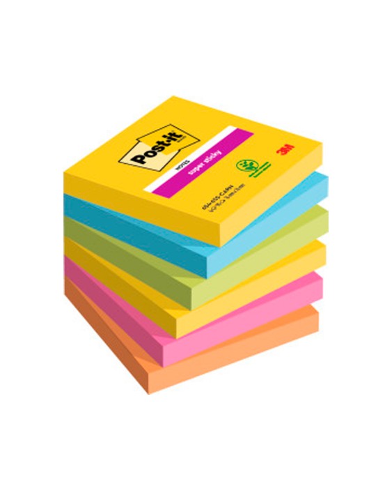 Bloc de notas adhesivas quita y pon post-it super sticky 76x76 mm con 90 hojas pack de 6 bloc colores surtidos