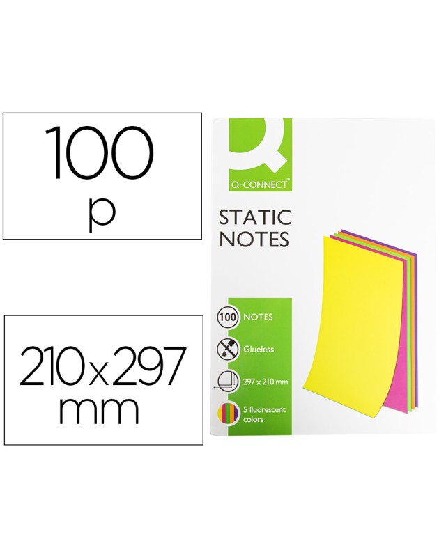 Bloc de notas electrostaticas quita y pon q-connect 210x297mm 100 hojas 5 colores fluorescentes