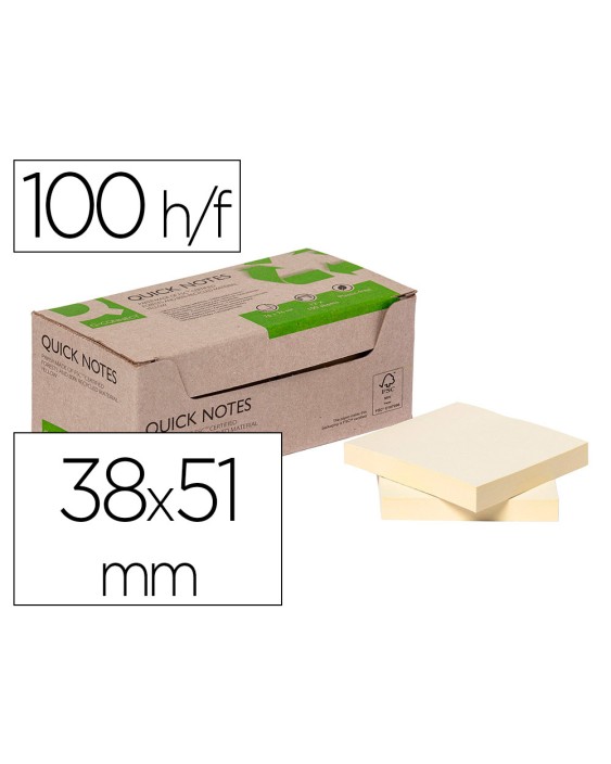 Bloc de notas adhesivas quita y pon q-connect 38x51 mm 100% papel reciclado amarillo en caja de carton
