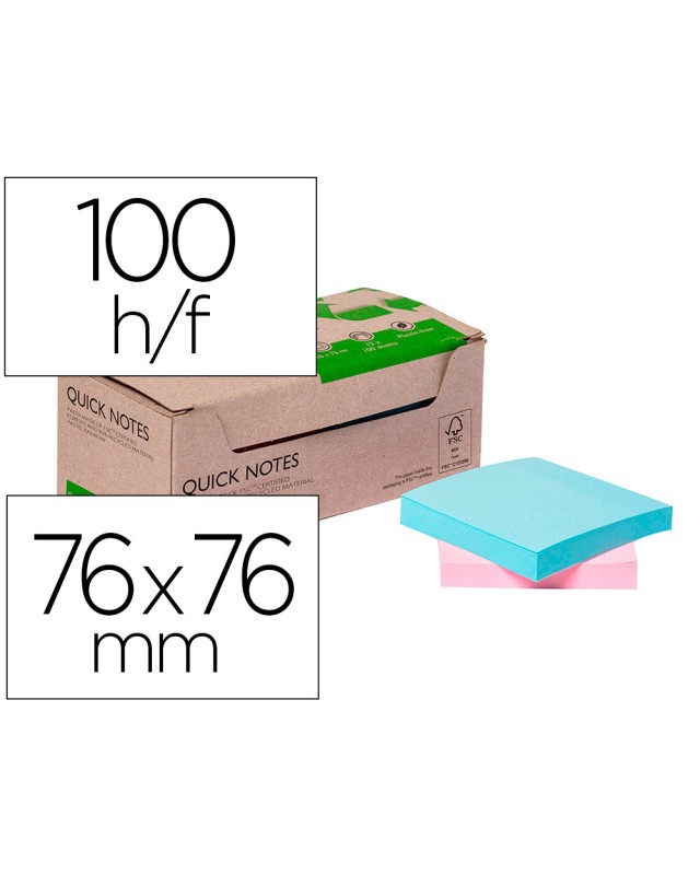 Bloc de notas adhesivas quita y pon q-connect 76x76 mm 100% papel reciclado colores pasteles en caja de carton