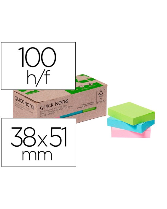 Bloc de notas adhesivas quita y pon q-connect 38x51 mm 100% papel reciclado colores pasteles en caja de carton