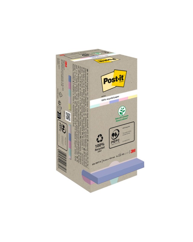 Bloc de notas adhesivas quita y pon post-it 76x76 mm 100% reciclada pefc en torre pack de 16 unidades colores