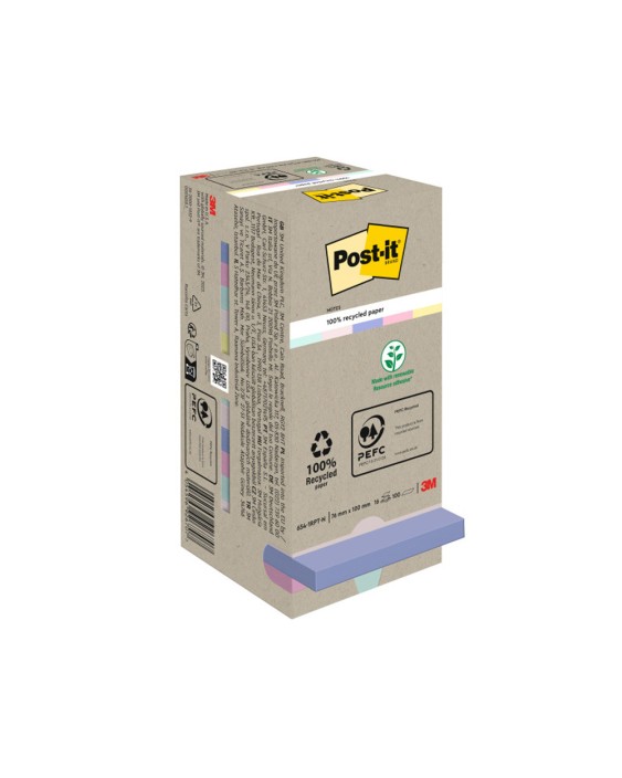 Bloc de notas adhesivas quita y pon post-it 76x76 mm 100% reciclada pefc en torre pack de 16 unidades colores