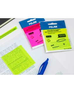 Bloc de notas adhesivas quita y pon milan 76x76 mm removible plastico translucido amarillo fluor 50 hojas