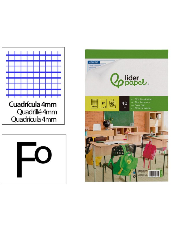 Bloc examenes liderpapel cuadro 4mm folio 40 hojas 60 g