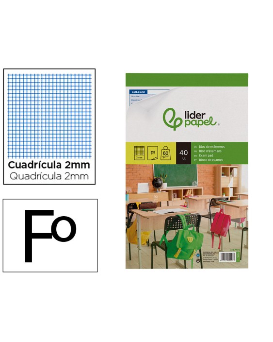 Bloc examenes liderpapel cuadro 2mm folio 40 hojas 60 g