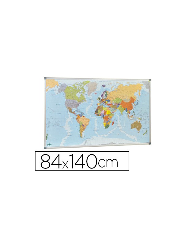 Mapa mural faibo planisfero politico magnetico marco de aluminio con cantoneras de proteccion 84x140 cm