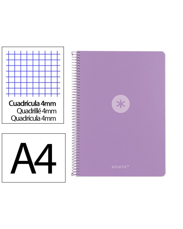 Cuaderno espiral antartik a4 tapa foam 80h 90gr cuadro 4mm con margen color lavanda