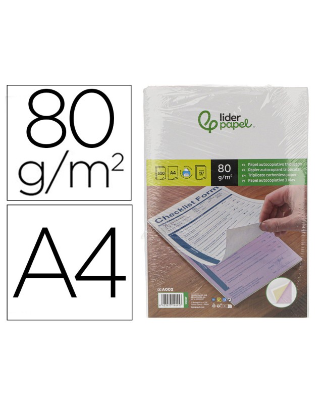 Papel autocopiativo liderpapel a4 prealzado triplicado blanco amarillo y rosa 80 g 500 hojas (167