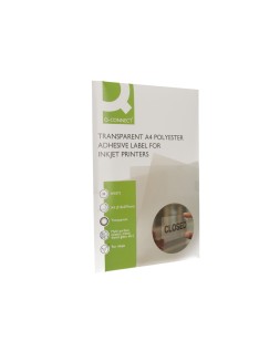 Etiqueta adhesiva q-connect poliester a4 transparente para impresoras inkjet pack con 20 hojas