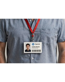Identificador q-connect con cordon plano rojo uso vertical/horizontal 54x85 mm