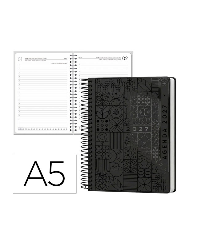 Agenda oficina liderpapel 2027 espiral syros dia pagina a5 bilingue 60g papel fsc black